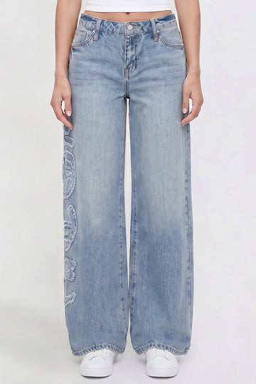 Ymi Women's Joey Super Wide Leg Jeans with Love Patch in M Medium Blue view 2 - Women'S Joey Jeans (bottom)