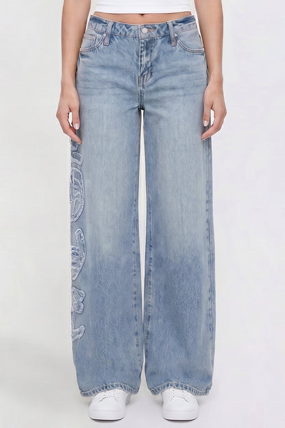 Ymi Women's Joey Super Wide Leg Jeans with Love Patch in M Medium Blue view 2 - Women'S Joey Jeans (bottom)