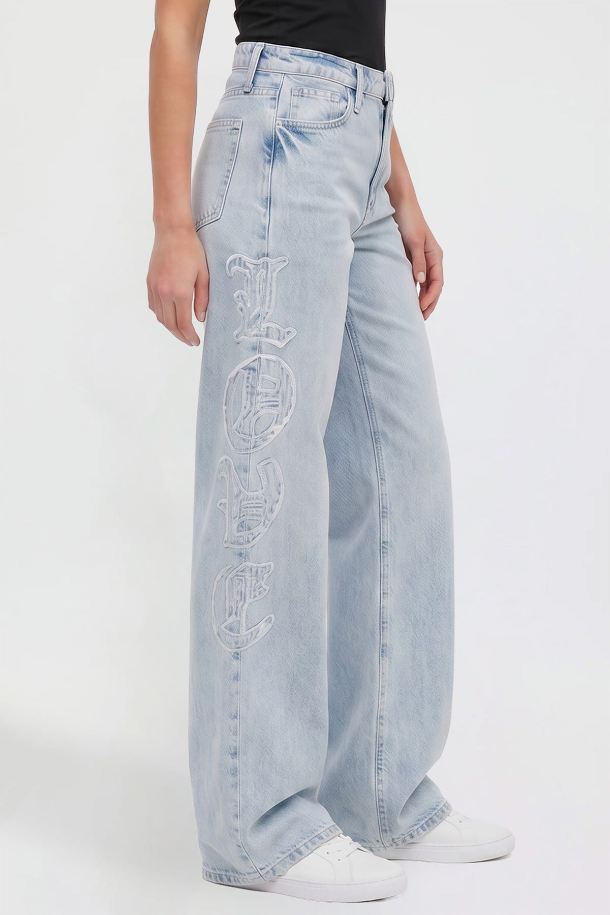Ymi Women's Joey Super Wide Leg Jeans with Love Patch in L Light Blue view 3 - Women'S Joey Jeans (bottom)