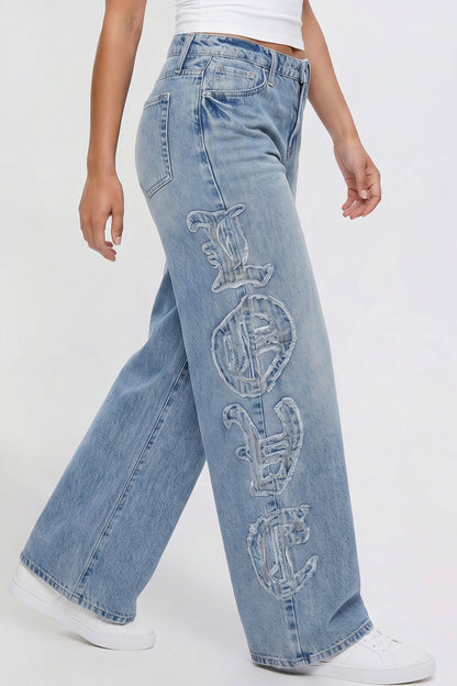 Ymi Women's Joey Super Wide Leg Jeans with Love Patch in M Medium Blue view 3 - Women'S Joey Jeans (bottom)