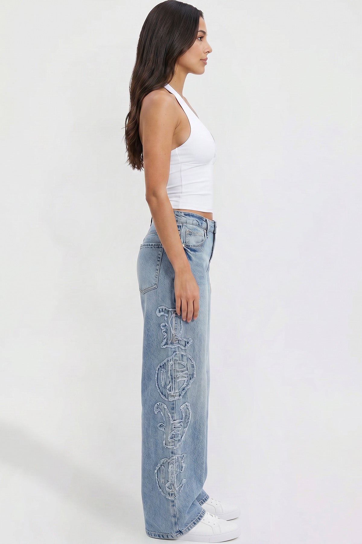 Ymi Women's Joey Super Wide Leg Jeans with Love Patch in M Medium Blue view 6 - Women'S Joey Jeans (bottom)