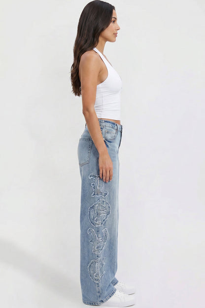 Ymi Women's Joey Super Wide Leg Jeans with Love Patch in M Medium Blue view 6 - Women'S Joey Jeans (bottom)