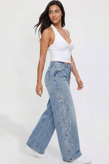Ymi Women's Joey Super Wide Leg Jeans with Love Patch in M Medium Blue view 7 - Women'S Joey Jeans (bottom)