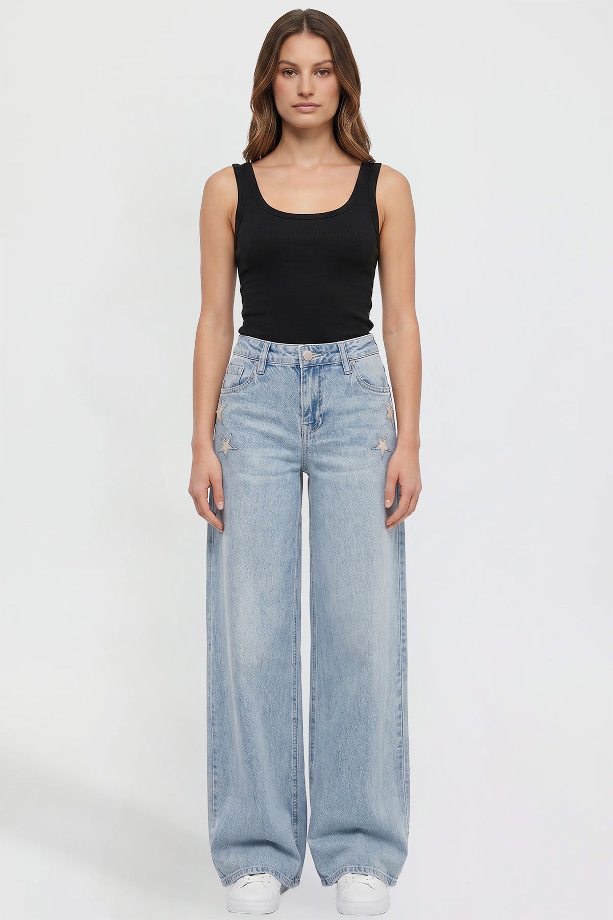 Ymi Women's Joey Super Wide Leg Jeans with Star Patches in L Light Blue - Women'S Joey Jeans (bottom)