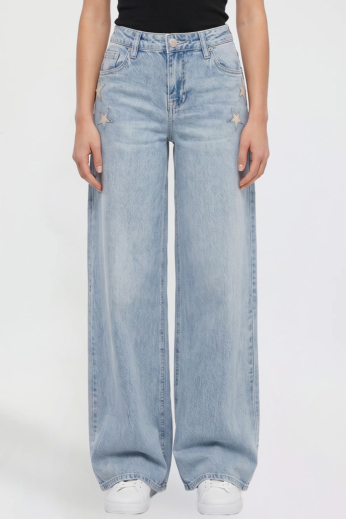 Ymi Women's Joey Super Wide Leg Jeans with Star Patches in L Light Blue view 2 - Women'S Joey Jeans (bottom)