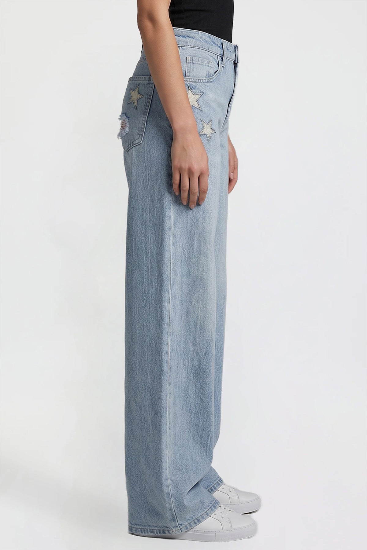 Ymi Women's Joey Super Wide Leg Jeans with Star Patches in L Light Blue view 3 - Women'S Joey Jeans (bottom)