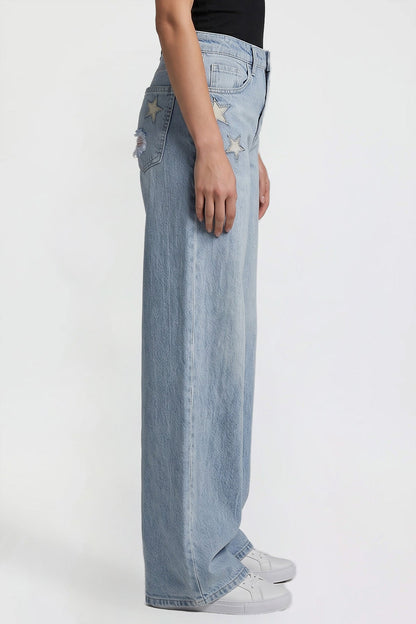 Ymi Women's Joey Super Wide Leg Jeans with Star Patches in L Light Blue view 3 - Women'S Joey Jeans (bottom)
