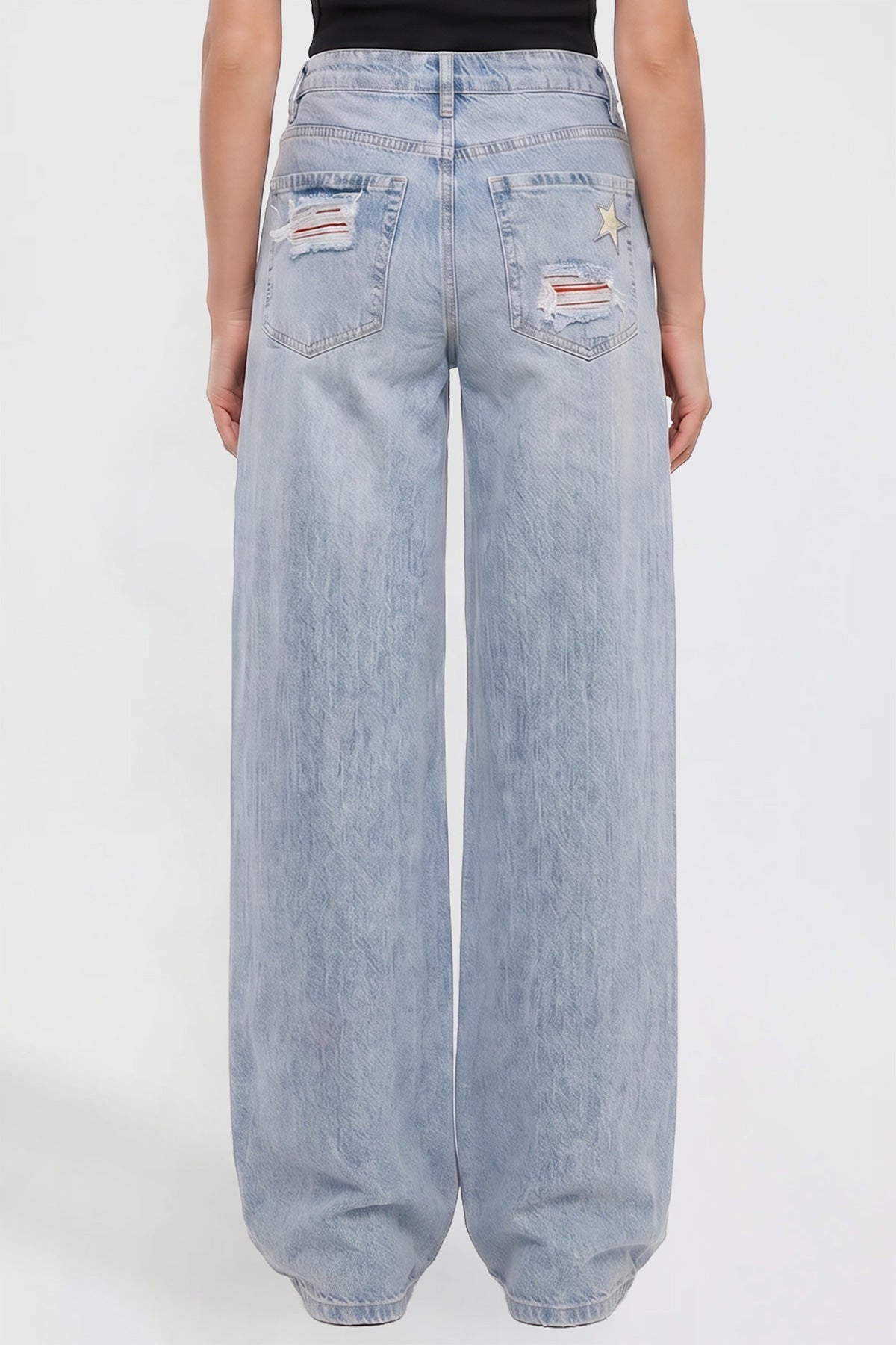 Ymi Women's Joey Super Wide Leg Jeans with Star Patches in L Light Blue view 4 - Women'S Joey Jeans (bottom)