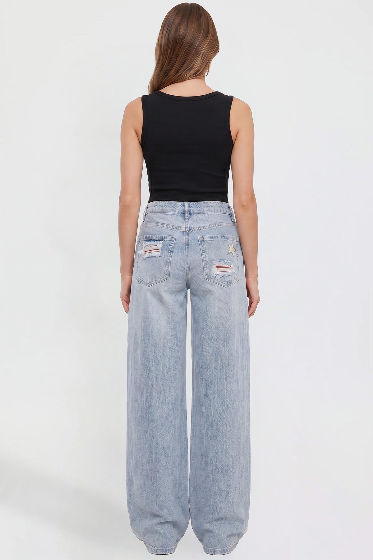 Ymi Women's Joey Super Wide Leg Jeans with Star Patches in L Light Blue view 5 - Women'S Joey Jeans (bottom)