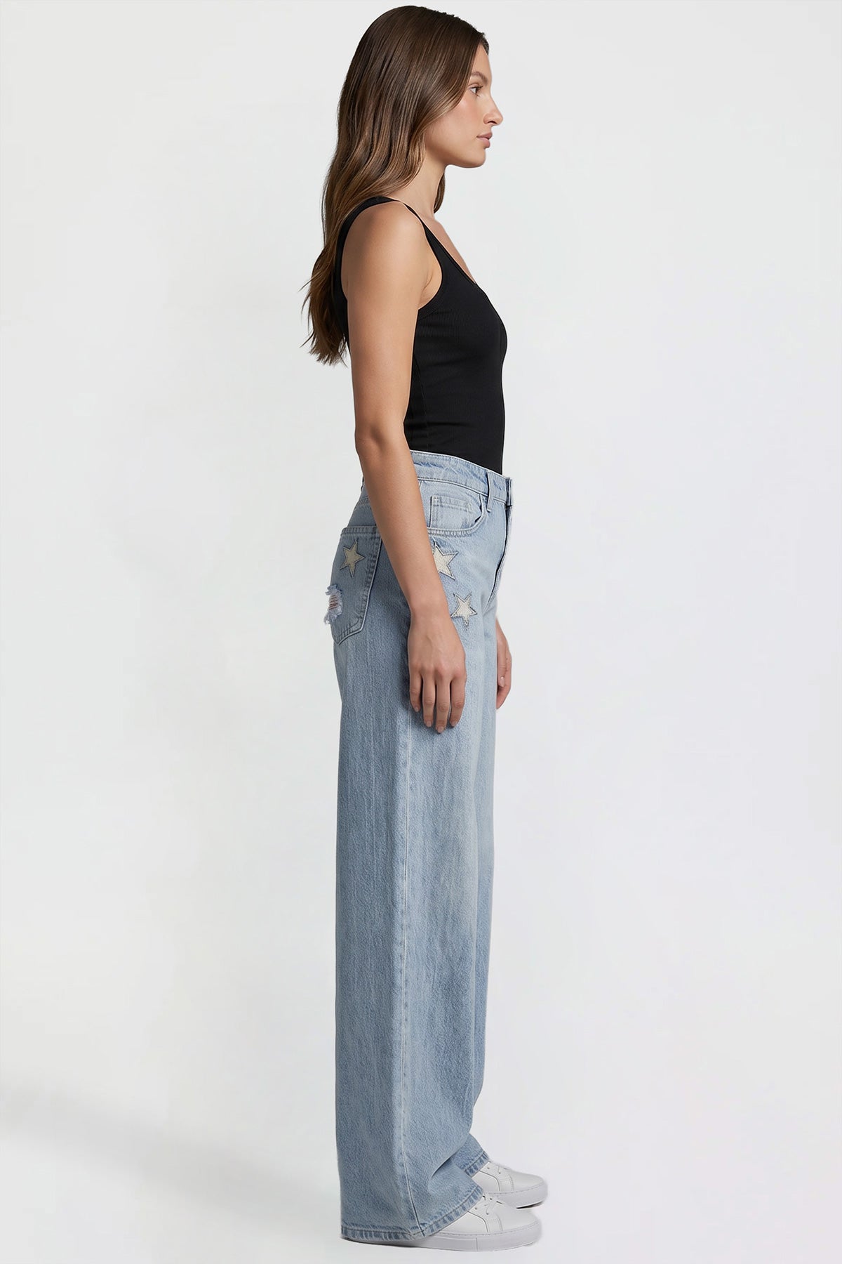 Ymi Women's Joey Super Wide Leg Jeans with Star Patches in L Light Blue view 6 - Women'S Joey Jeans (bottom)