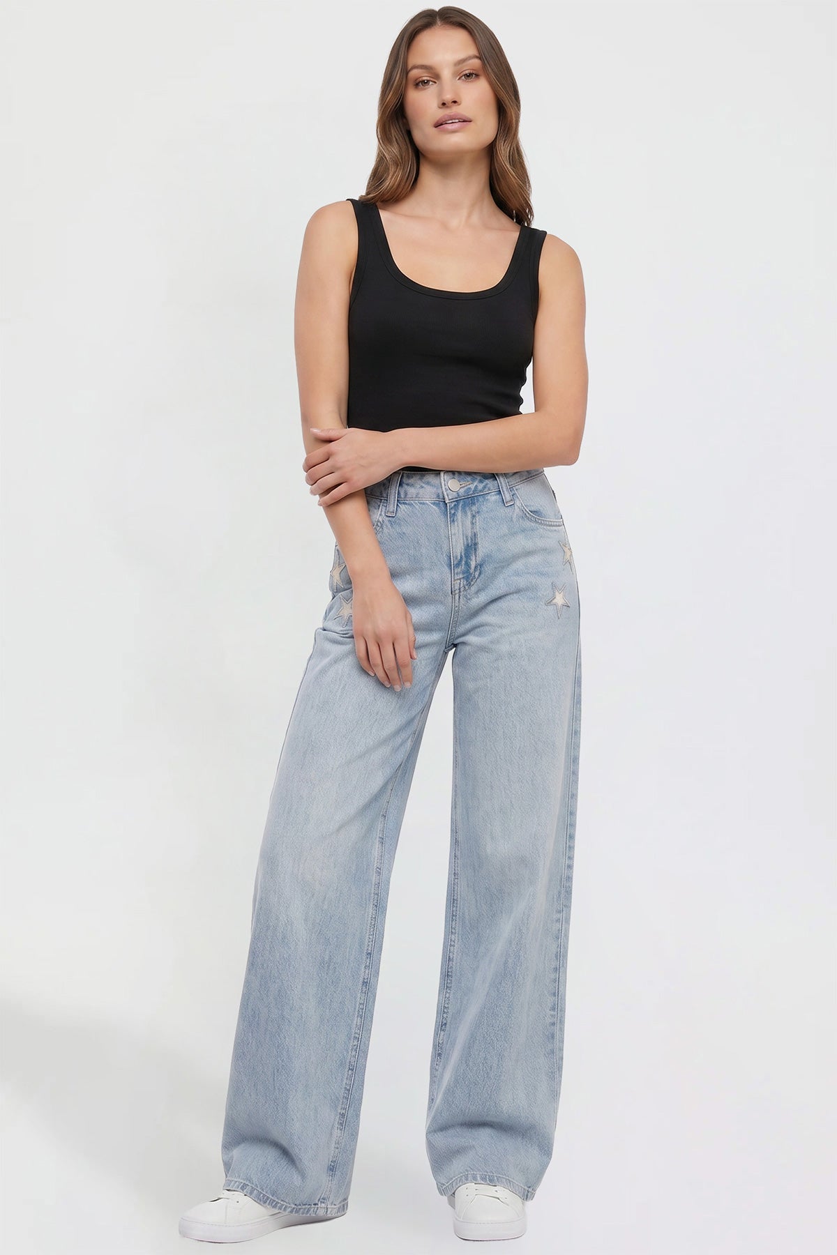 Ymi Women's Joey Super Wide Leg Jeans with Star Patches in L Light Blue view 7 - Women'S Joey Jeans (bottom)