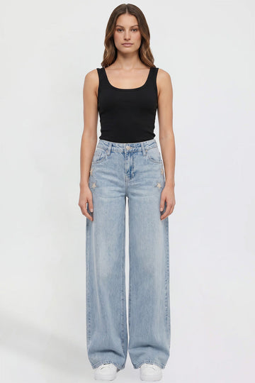 Ymi Women's Joey Super Wide Leg Jeans with Star Patches - MeeeShop Women's Fashion
