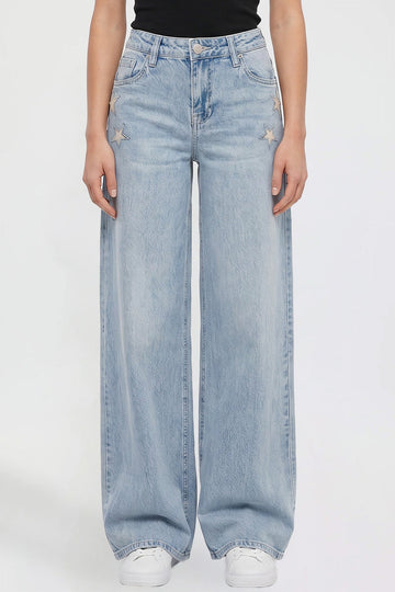 Ymi Women's Joey Super Wide Leg Jeans with Star Patches - MeeeShop Women's Fashion