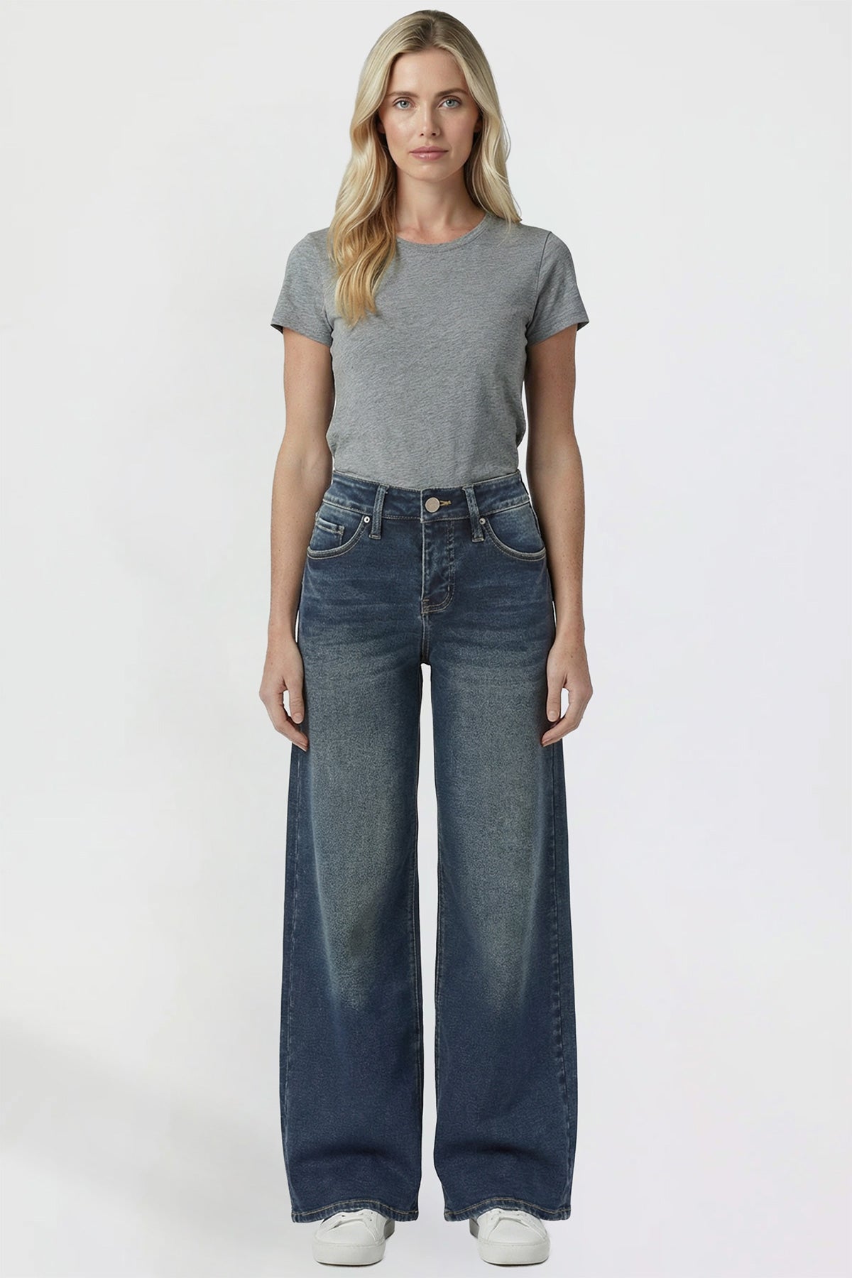 Ymi Women's Kayla High Rise Premium Stretch Wide Leg Jeans in S Midnight Sky Blue - High-Waisted (bottom)