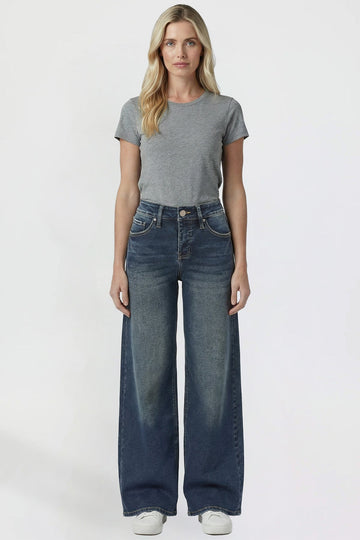 Ymi Women's Kayla High Rise Premium Stretch Wide Leg Jeans in S Midnight Sky Blue - High-Waisted (bottom)