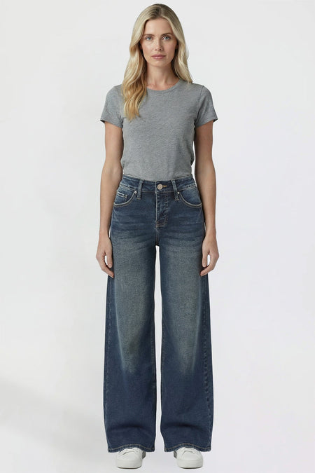 Ymi Women's Kayla High Rise Premium Stretch Wide Leg Jeans