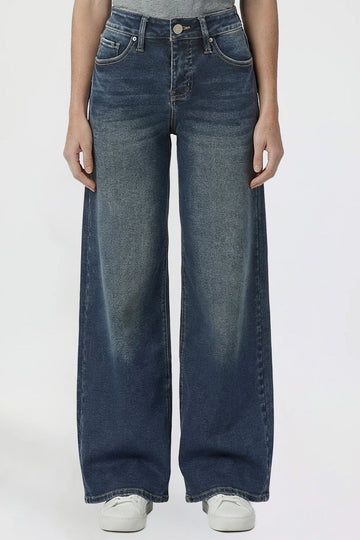 Ymi Women's Kayla High Rise Premium Stretch Wide Leg Jeans in S Midnight Sky Blue view 2 - High-Waisted (bottom)