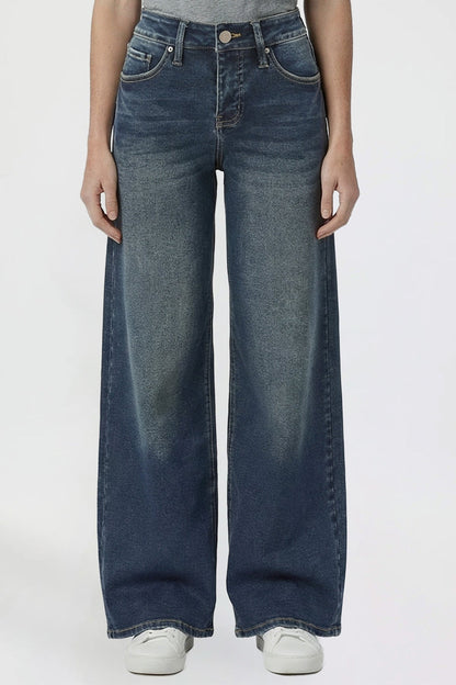 Ymi Women's Kayla High Rise Premium Stretch Wide Leg Jeans in S Midnight Sky Blue view 2 - High-Waisted (bottom)