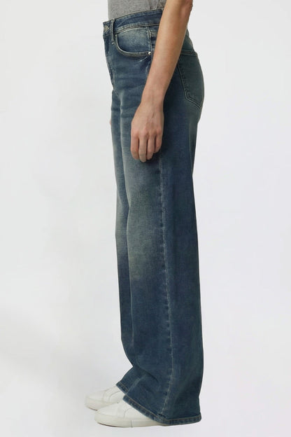 Ymi Women's Kayla High Rise Premium Stretch Wide Leg Jeans in S Midnight Sky Blue view 3 - High-Waisted (bottom)