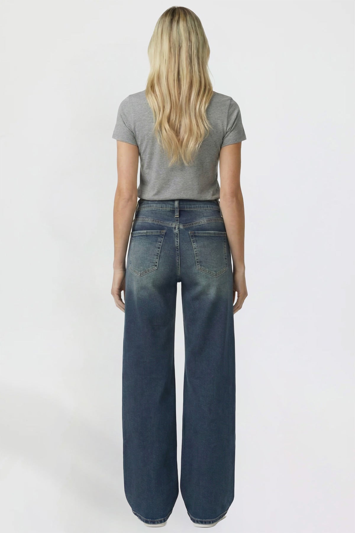 Ymi Women's Kayla High Rise Premium Stretch Wide Leg Jeans in S Midnight Sky Blue view 6 - High-Waisted (bottom)
