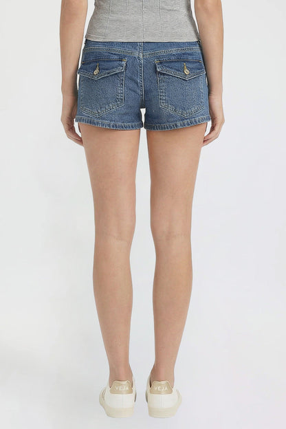 Ymi Women's Low Rise 90's Flap Pockets Shorts in N Indigo Blue view 4 - Women Low Shorts (bottom)