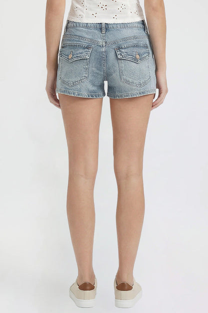 Ymi Women's Low Rise 90's Flap Pockets Shorts in Y Washed Blue view 10 - Women Low Shorts (bottom)