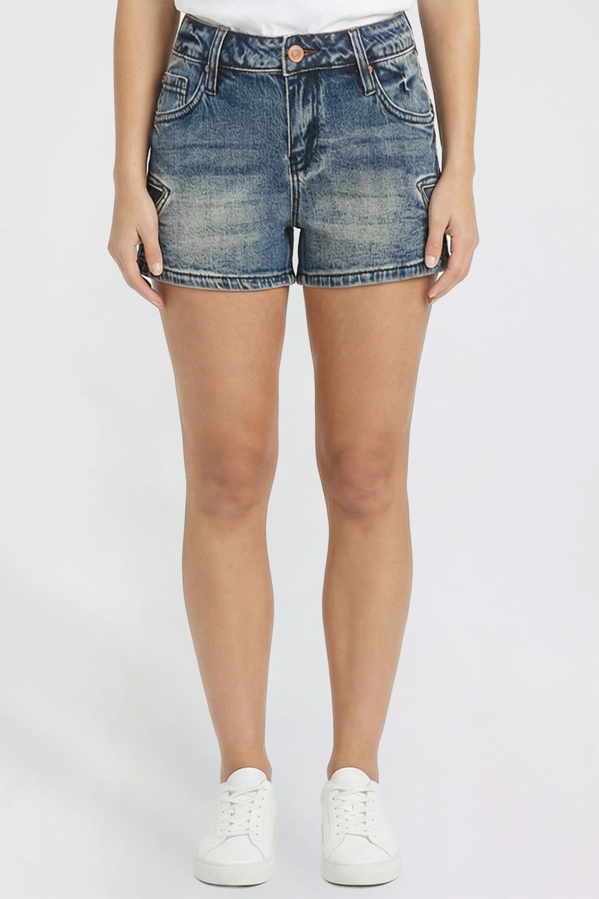 Ymi Women's Luxe Americana Star Patch Denim Shorts in NT Tinted Indigo Blue view 3 - Women'S Luxe Shorts (bottom)