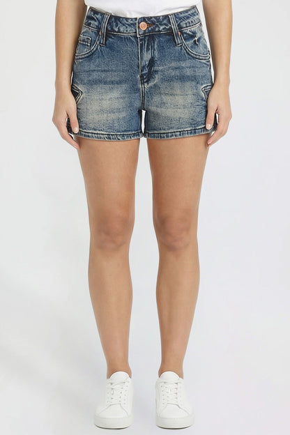 Ymi Women's Luxe Americana Star Patch Denim Shorts in NT Tinted Indigo Blue view 3 - Women'S Luxe Shorts (bottom)