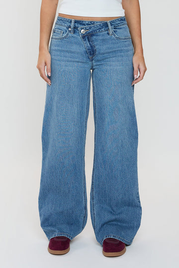 Ymi Women's Luxe Asymmetrical Wide Leg Jeans - MeeeShop Women's Fashion
