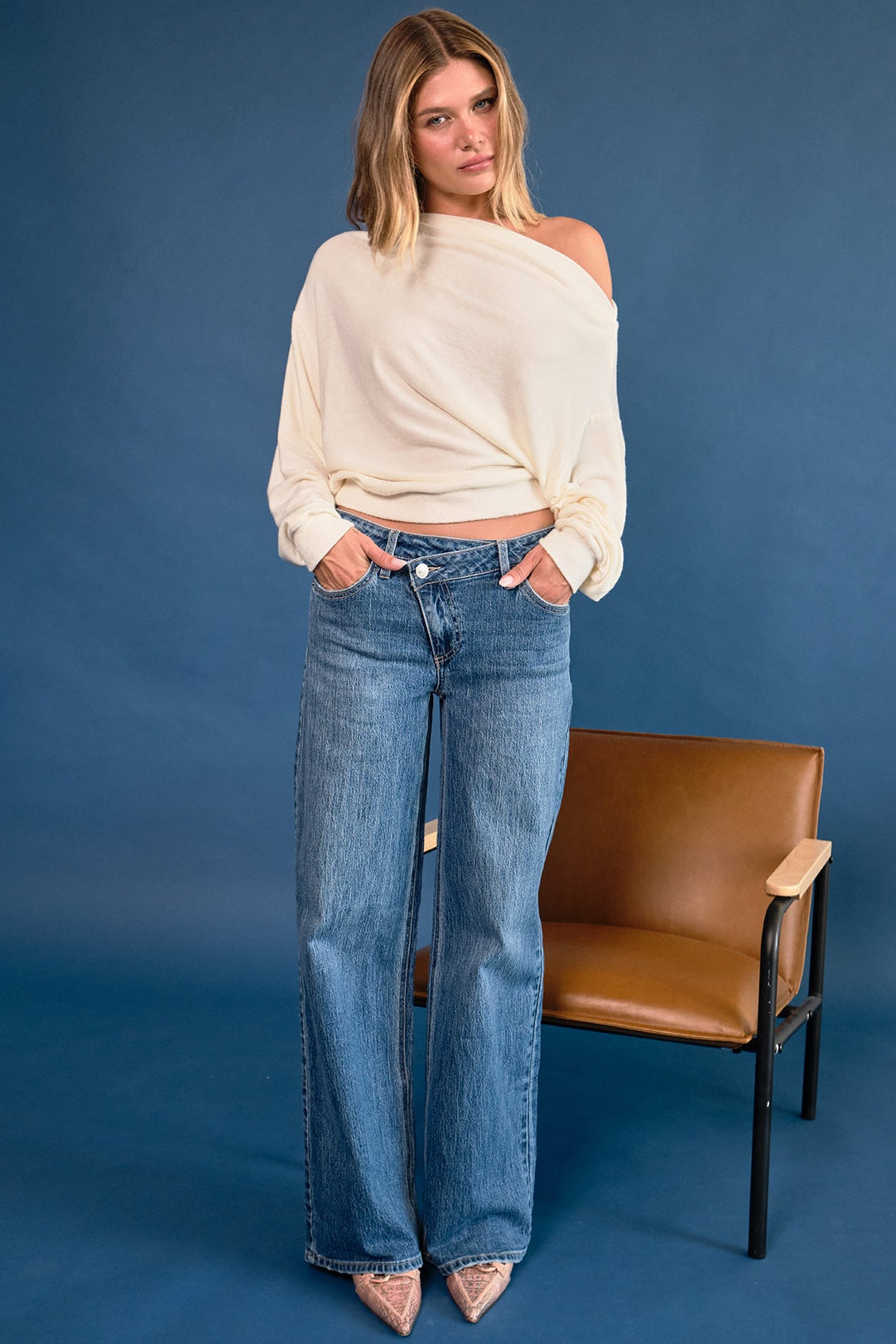 Ymi Women's Luxe Asymmetrical Wide Leg Jeans in L Light Blue view 8 - Ymi Womens Pants (bottom)