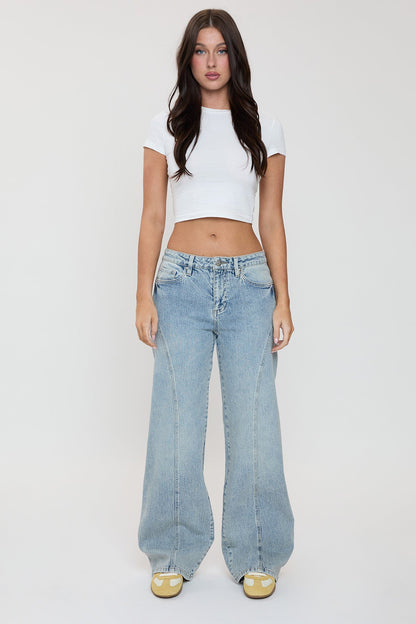 Ymi Women's Luxe Bella Seam Detail Wide Leg Jeans in Y Washed Blue - Ymi Womens Pants (bottom)