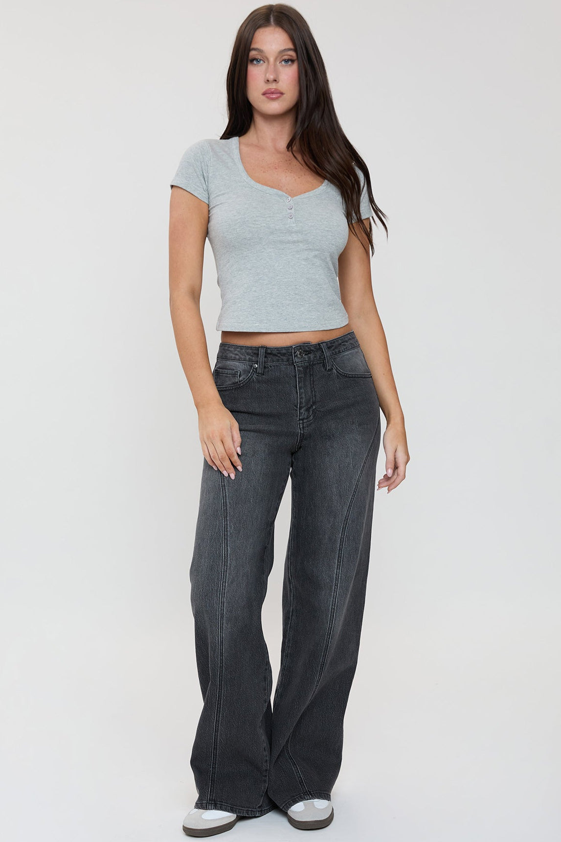 Ymi Women's Luxe Bella Seam Detail Wide Leg Jeans in W Black view 12 - Ymi Womens Pants (bottom)