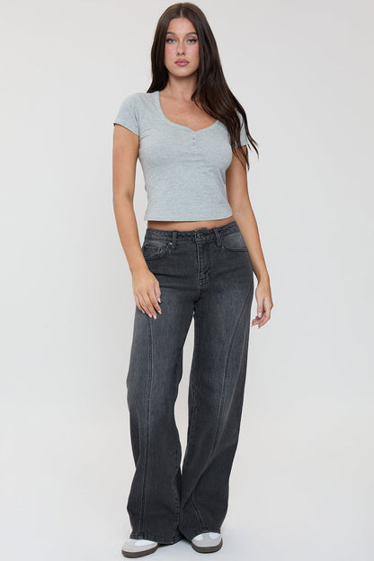 Ymi Women's Luxe Bella Seam Detail Wide Leg Jeans in W Black view 12 - Ymi Womens Pants (bottom)
