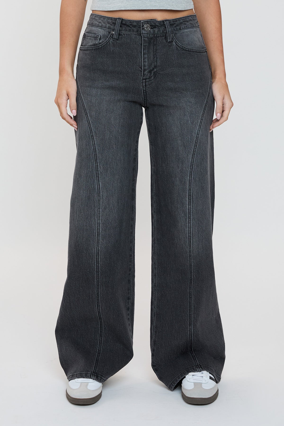 Ymi Women's Luxe Bella Seam Detail Wide Leg Jeans in W Black view 13 - Ymi Womens Pants (bottom)