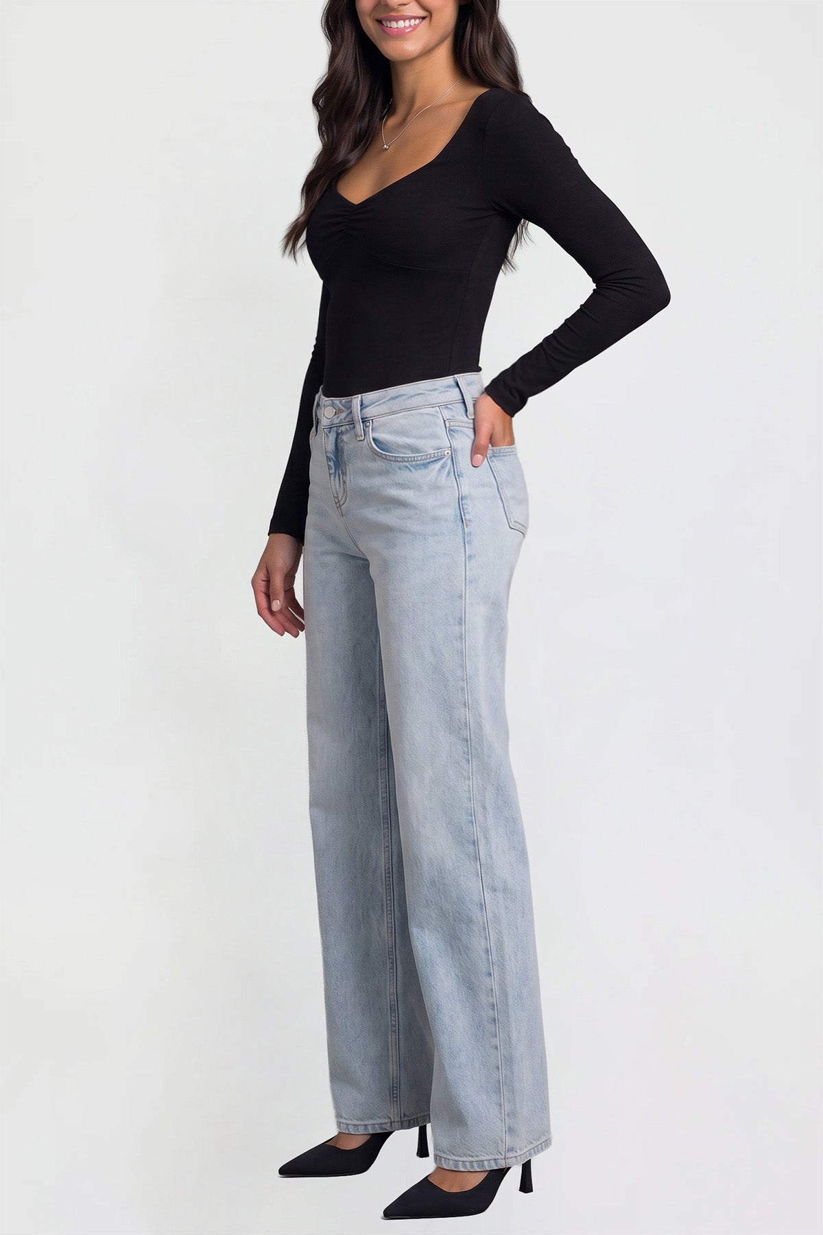 Ymi Women's Luxe Britney Wide Leg Jeans in L Light Blue view 6 - Women'S Luxe Jeans (bottom)