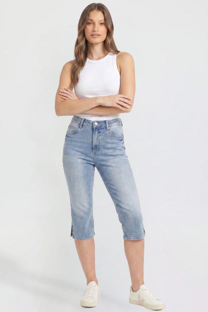 Ymi Women's Luxe Capri with Side Slit in Y Washed Blue view 8 - Ymi Womens Shorts (bottom)