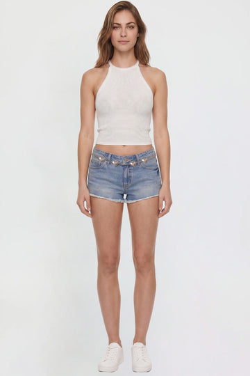Ymi Women's Luxe Fray Hem Belted Shorts in L Light Blue - Women'S Luxe Shorts (bottom)