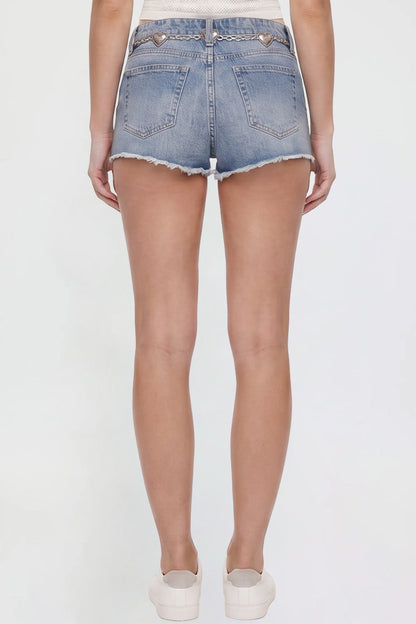 Ymi Women's Luxe Fray Hem Belted Shorts in L Light Blue view 4 - Women'S Luxe Shorts (bottom)