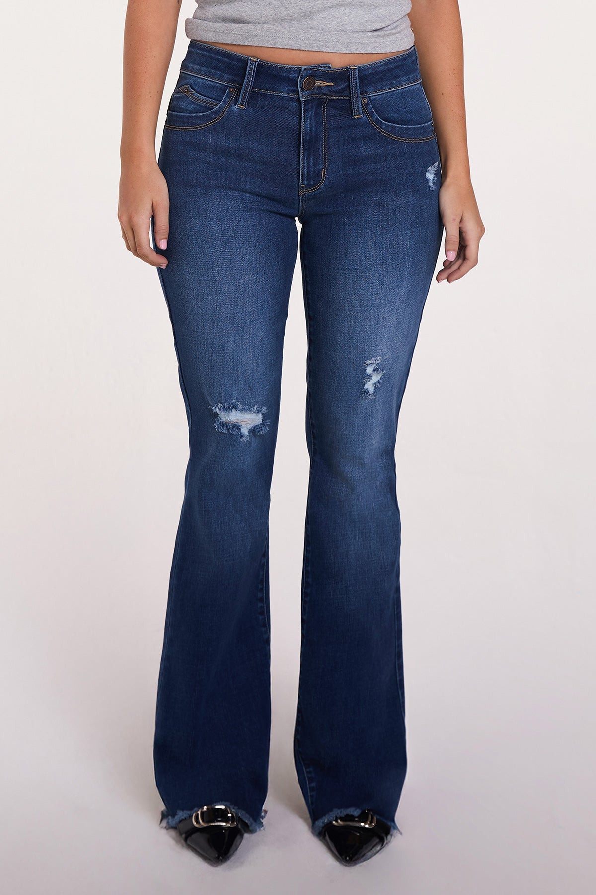 Ymi Women's Luxe High Rise Wannabettabutt Flare Jeans in N Indigo Blue Rips view 3 - High-Waisted - Ymi Womens Pants