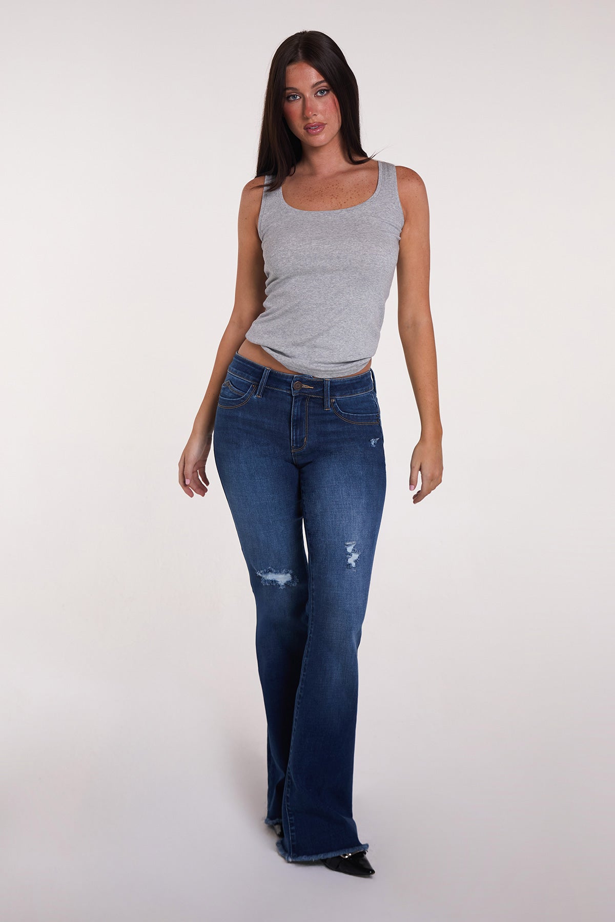 Ymi Women's Luxe High Rise Wannabettabutt Flare Jeans in N Indigo Blue Rips view 6 - High-Waisted - Ymi Womens Pants