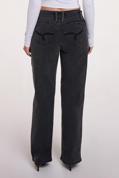 Ymi Women's Luxe High Rise Wannabettabutt Straight Jeans in W Black view 12 - High-Waisted - Ymi Womens Pants (bottom)