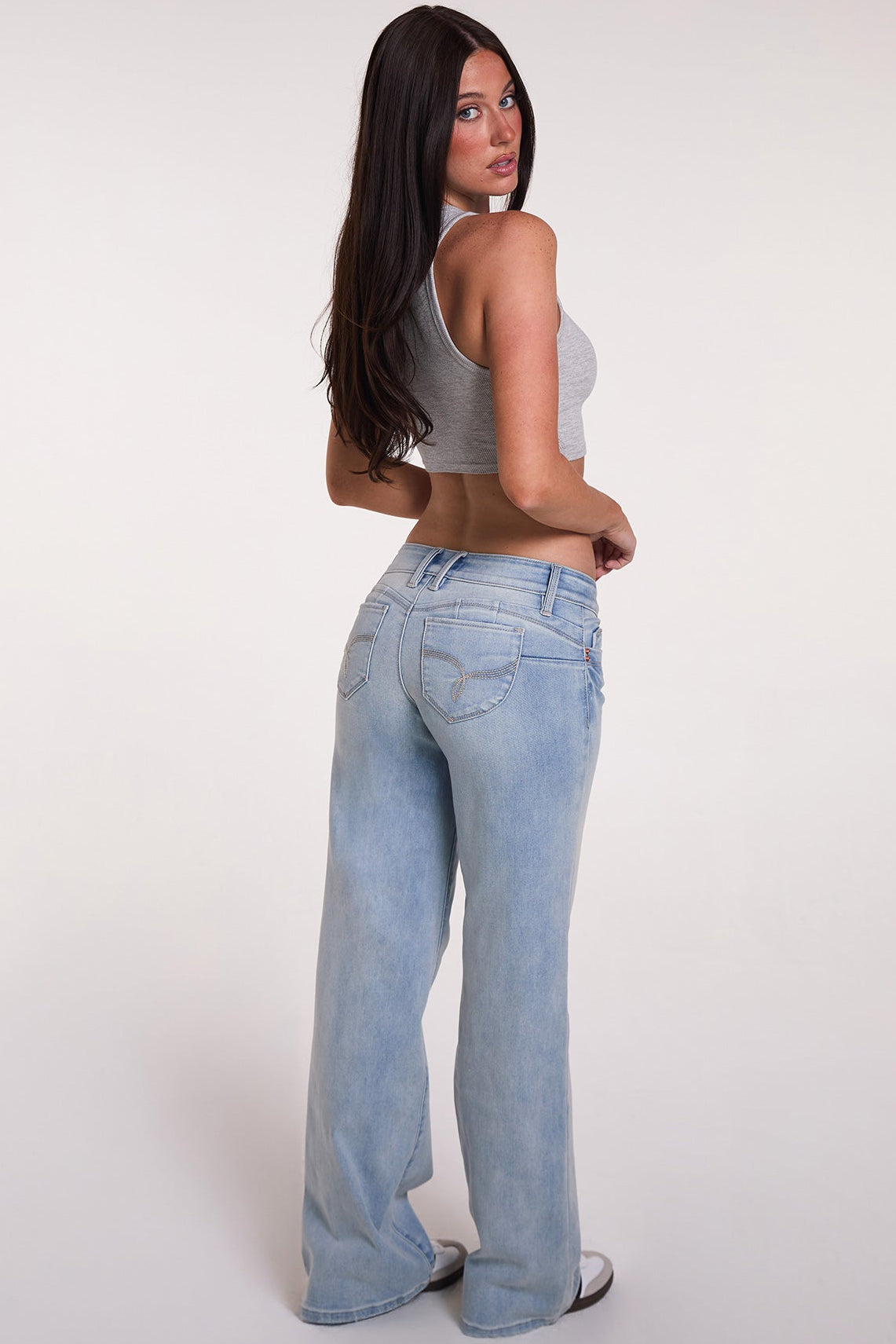 Ymi Women's Luxe Low Rise Wannabettabutt Wide Leg Jeans in L Light Blue - Ymi Womens Pants (bottom)