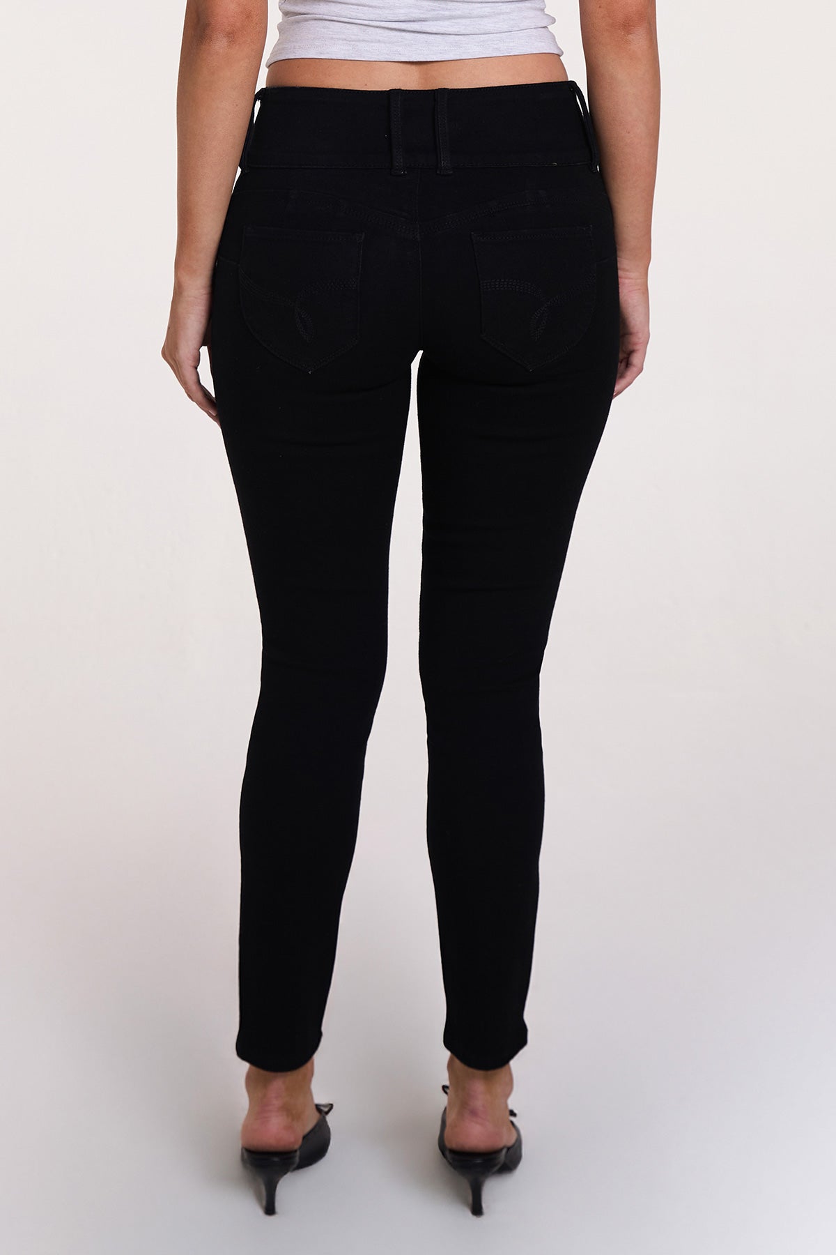 Ymi Women's Luxe Mid Rise 3-button Wannabettabutt Skinny Jeans in W Black view 11 - Ymi Womens Pants (bottom)