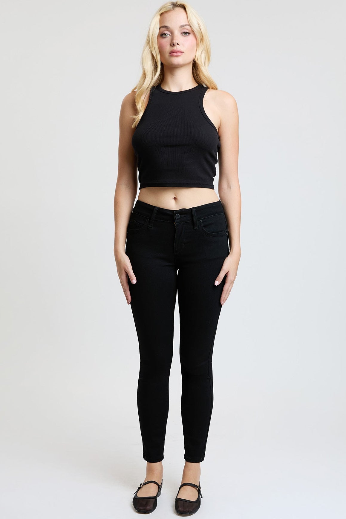 Ymi Women's Luxe Mid Rise Wannabettabutt Skinny Jeans in W Black view 2 - Ymi Womens Pants (bottom)
