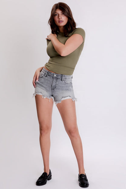 Ymi Women's Luxe Summer Fray Hem Shorts in X Gray Rips - Summer Outfit Idea - Womens Horizon Luxe 2 Bar Sandal (bottom)