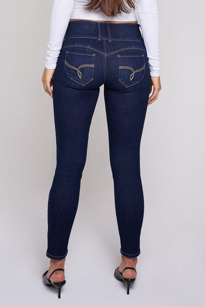 Ymi Women's Mid Rise 3-button Wannabettabutt Skinny Jeans in D Dark Blue view 6 - Ymi Womens Pants (bottom)
