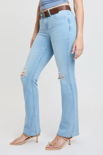 Ymi Women's Mid Rise Belted Bootcut Jeans in L Light Blue Rips view 3 - Ymi Womens Pants (bottom)