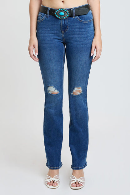 Ymi Women's Mid Rise Belted Bootcut Jeans in M Medium Blue Rips view 2 - Ymi Womens Pants (bottom)