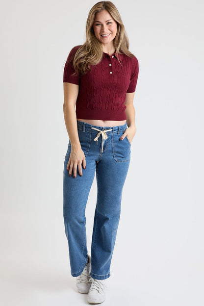 Ymi Women's Mid Rise Tie Front Wide Leg Jeans in M Medium Blue - Women'S Mid Jeans (bottom)
