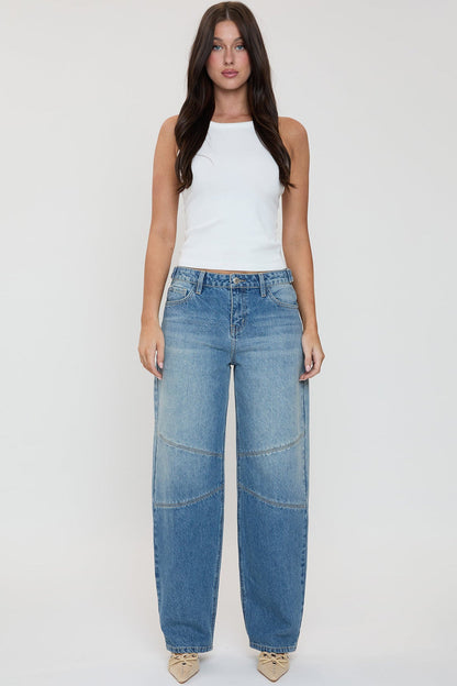 Ymi Women's Moto Relaxed Rise Baggy Barrel Jeans with Seam Detail in T Tinted Blue view 10 - Relaxed Fit - Ymi Womens Pants